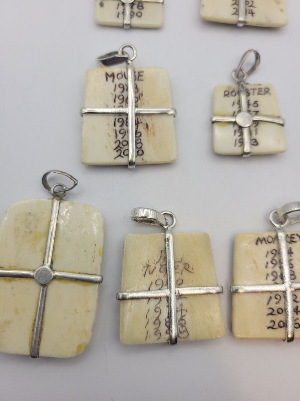 Vintage Hand-Carved Bone Chinese Zodiac Pendant Lot 10pc Sterling Silver READ - Picture 9 of 12